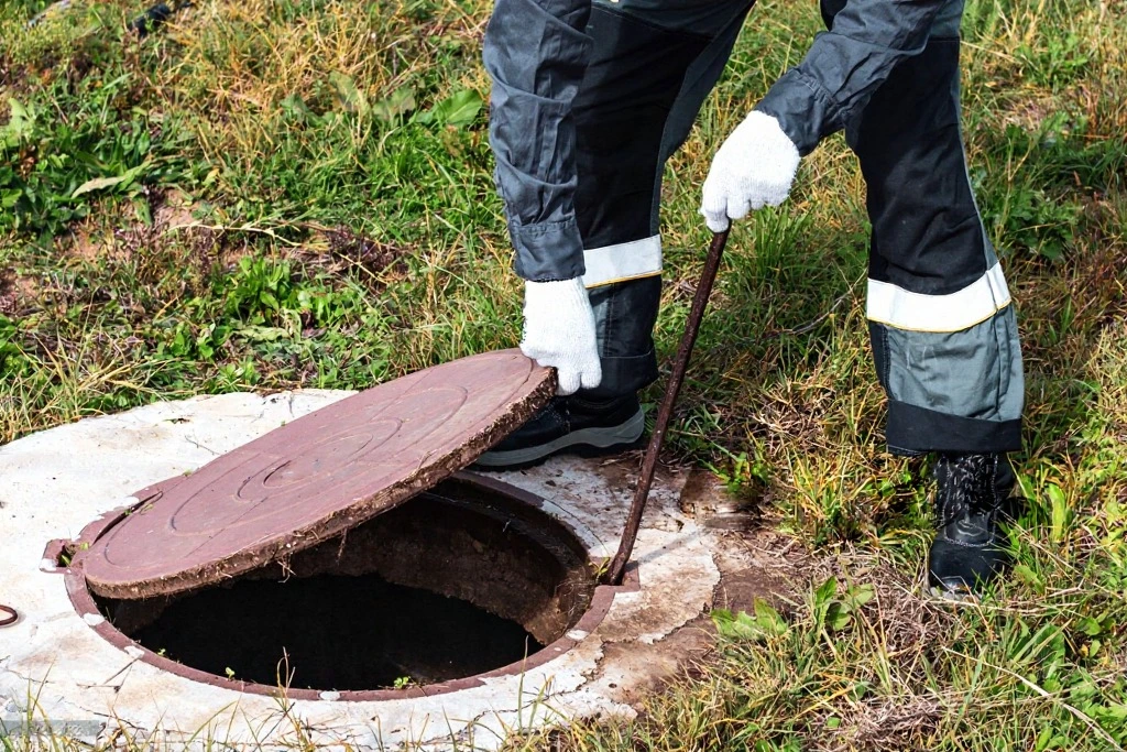 Technician inspecting a residential septic system